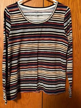 Rafaella Long Sleeve Striped Tee in Black, White, Brown, Red, Blue